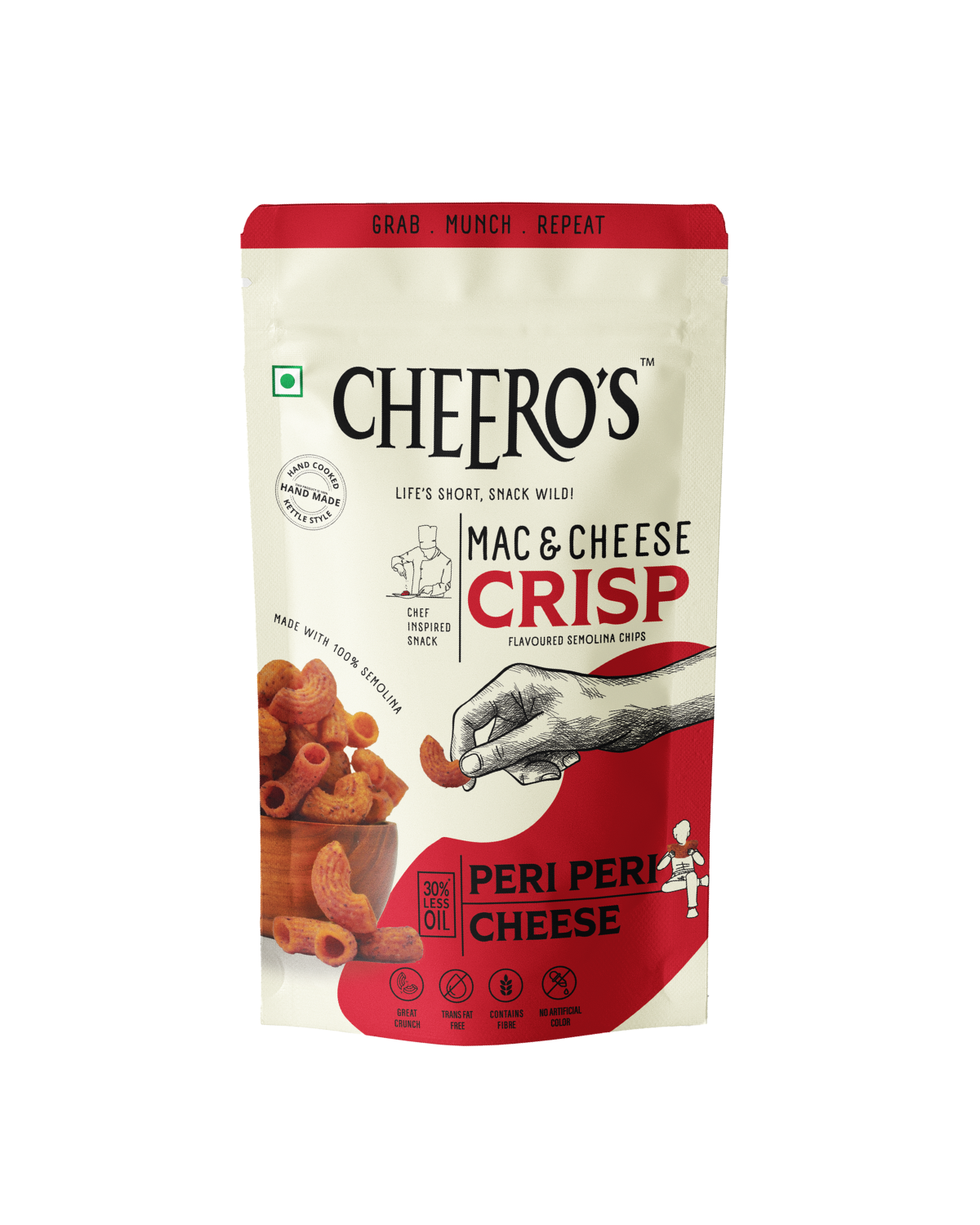 Cheero's Mac and Cheese Crisp | Peri Peri Cheese Flavoured Chips Pc of 16 | 100% Semolina, High protein Handmade Crunchy Snack | 30% Less Oil with Zero Trans Fat Munchies for Kids, Adult and Family