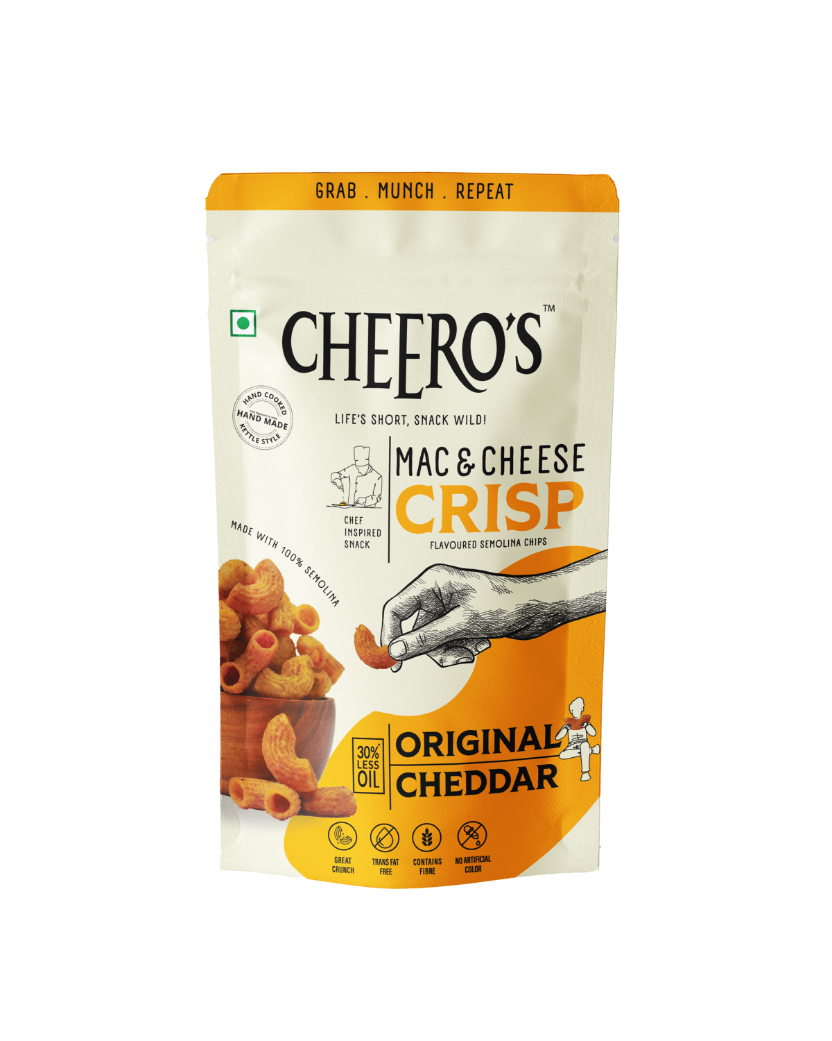 Cheero's Mac and Cheese Crisp | Original Cheddar Chips Pack of 4 | 100% Semolina, High protein Handmade Crunchy Snack | 30% Less Oil with Zero Trans Fat Munchies for Kids, Adults and Family