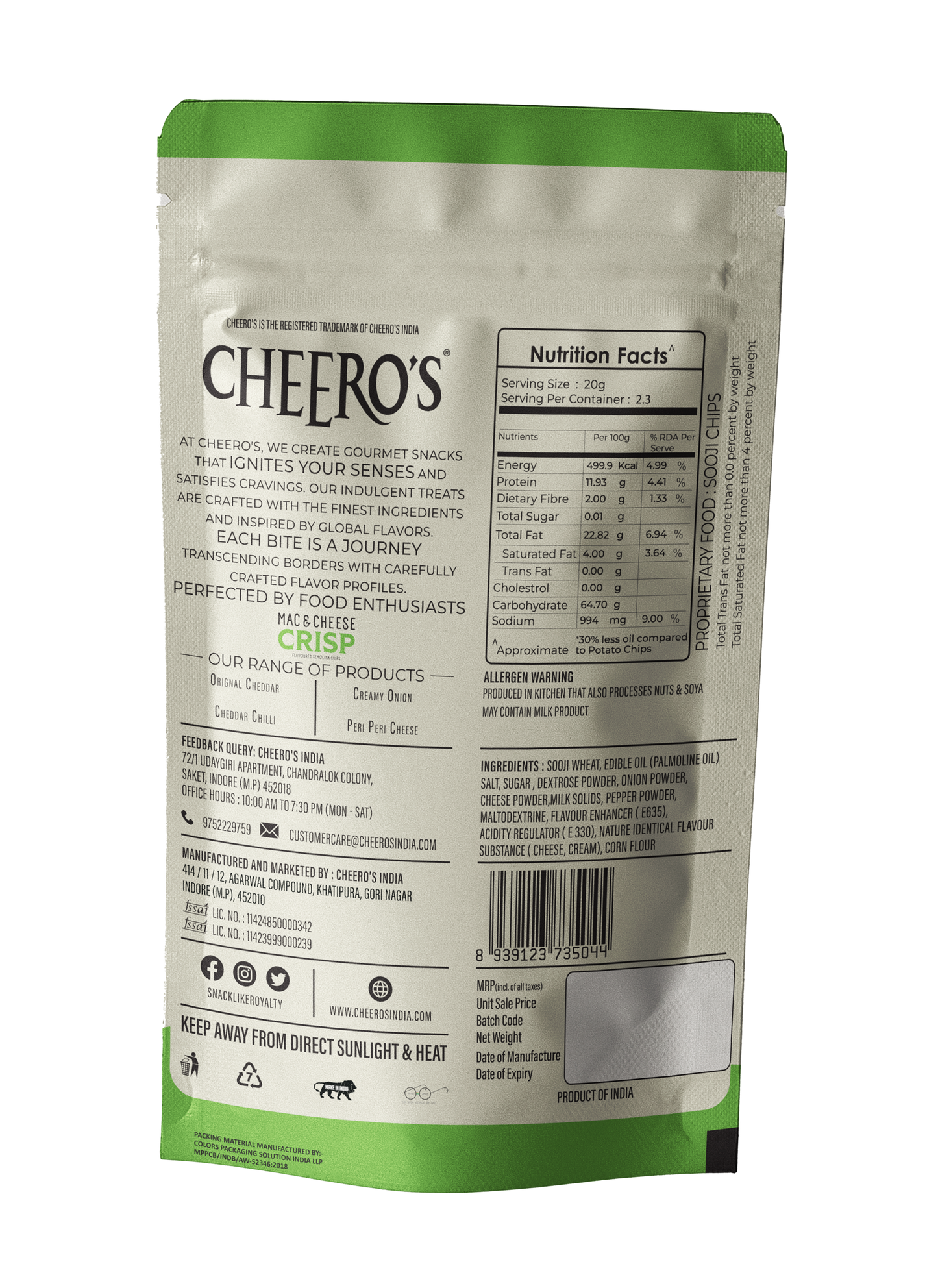 Cheero's Mac and Cheese Crisp | Cream and Onion Chips Pack of 16 | 100% Semolina, High protein Handmade Crunchy Snack| 30% Less Oil with Zero Trans Fat Munchies for Kids, Adults and Family