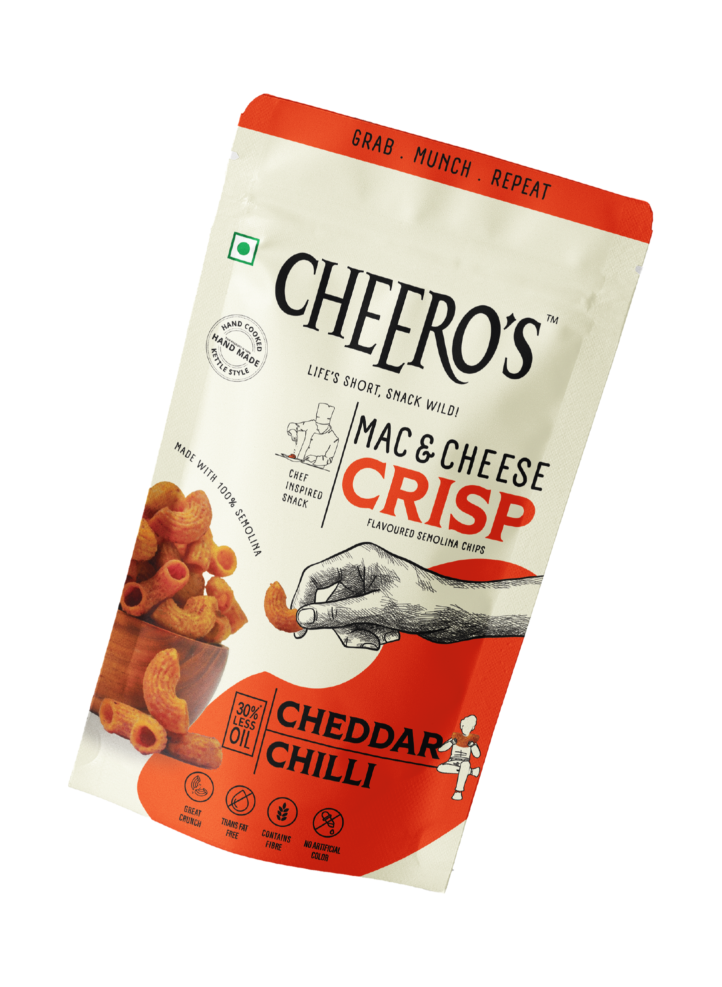 Mac & Cheese Crisp - Cheddar Chilli Flavor| Pack of 60 | Hand Cooked, Kettle Style Snack | 30% Less Oil | Trans Fat Free