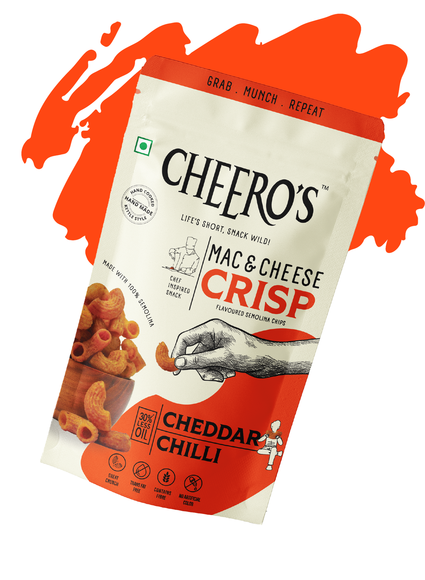 Mac & Cheese Crisp - Cheddar Chilli Flavor| Pack of 60 | Hand Cooked, Kettle Style Snack | 30% Less Oil | Trans Fat Free