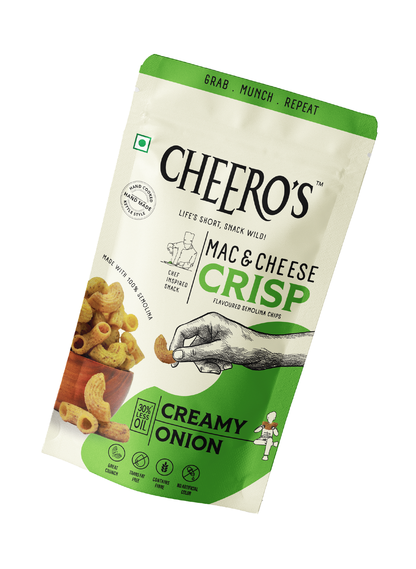 Mac & Cheese Crisp - Creamy Onion flavor| Pack of 60 | Hand Cooked, Kettle Style Snack | 30% Less Oil | Trans Fat Free