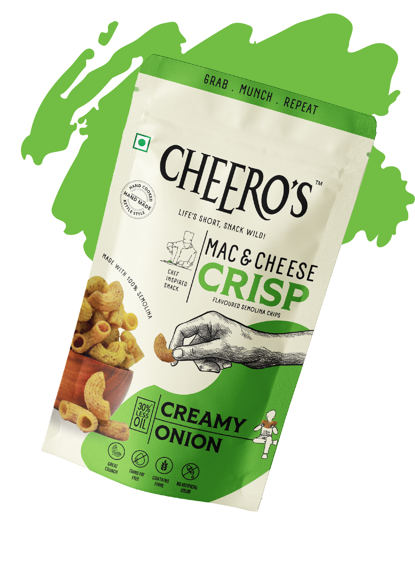 Mac & Cheese Crisp - Creamy Onion flavor| Pack of 60 | Hand Cooked, Kettle Style Snack | 30% Less Oil | Trans Fat Free