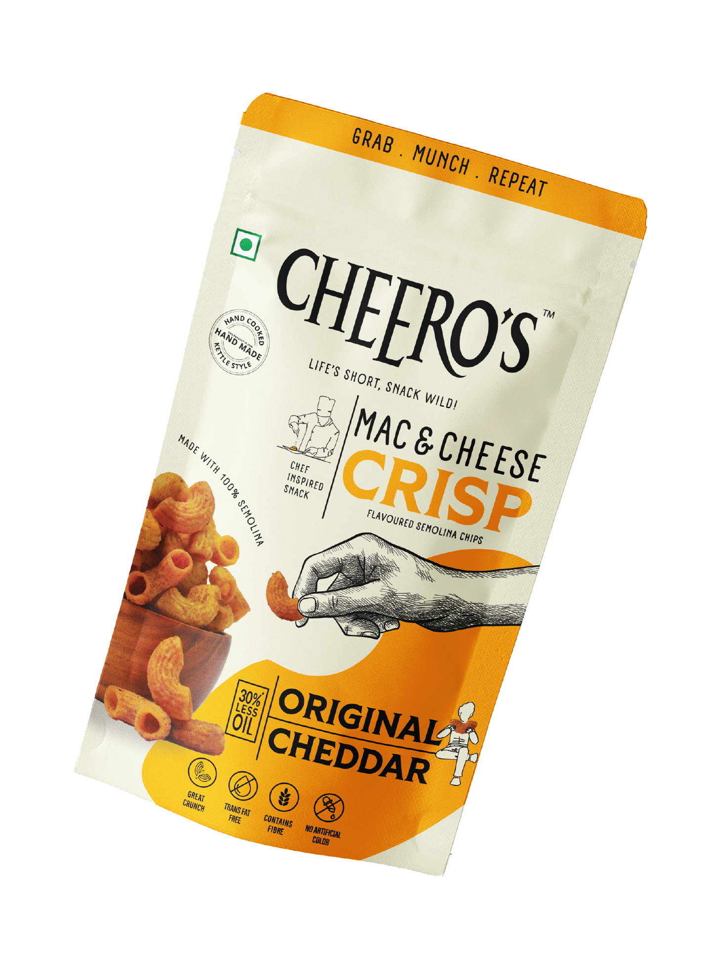 Mac & Cheese Crisp - Original Cheddar Flavor| Pack of 60 | Hand Cooked, Kettle Style Snack | 30% Less Oil | Trans Fat Free