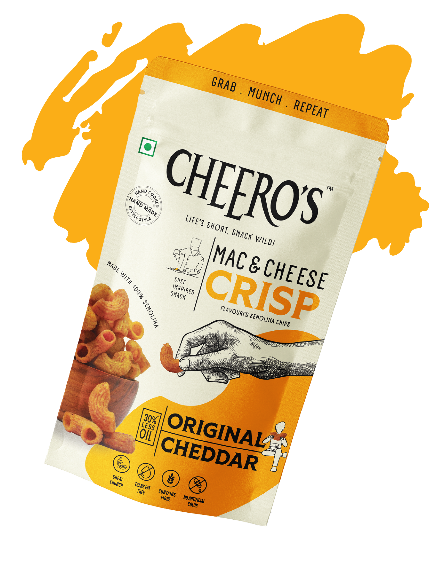 Mac & Cheese Crisp - Original Cheddar Flavor| Pack of 60 | Hand Cooked, Kettle Style Snack | 30% Less Oil | Trans Fat Free