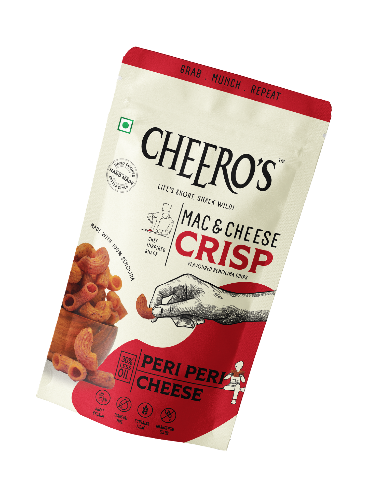 Mac & Cheese Crisp - Peri Peri Cheese Flavor| Pack of 60 | Hand Cooked, Kettle Style Snack | 30% Less Oil | Trans Fat Free