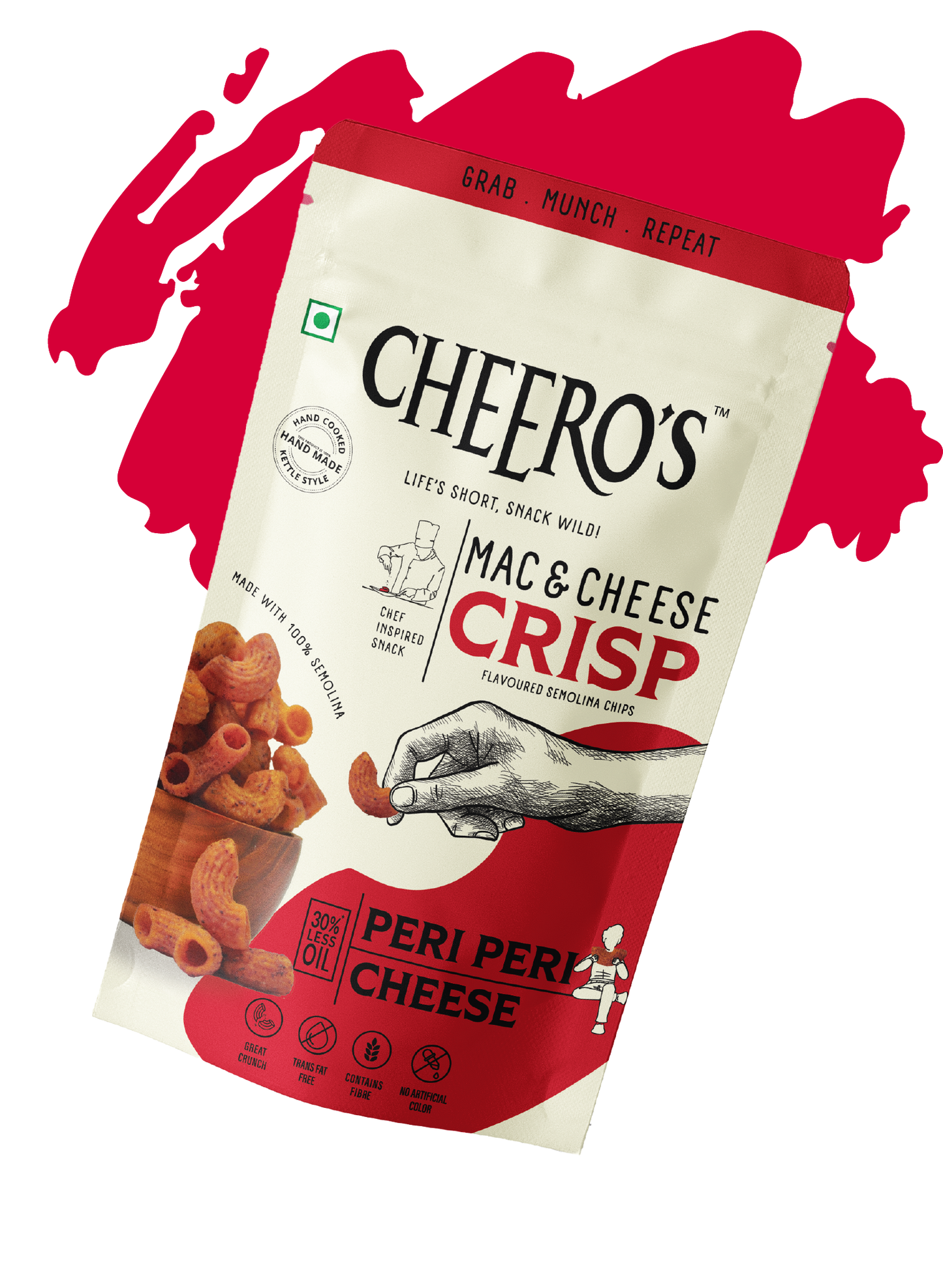 Mac & Cheese Crisp - Peri Peri Cheese Flavor| Pack of 60 | Hand Cooked, Kettle Style Snack | 30% Less Oil | Trans Fat Free