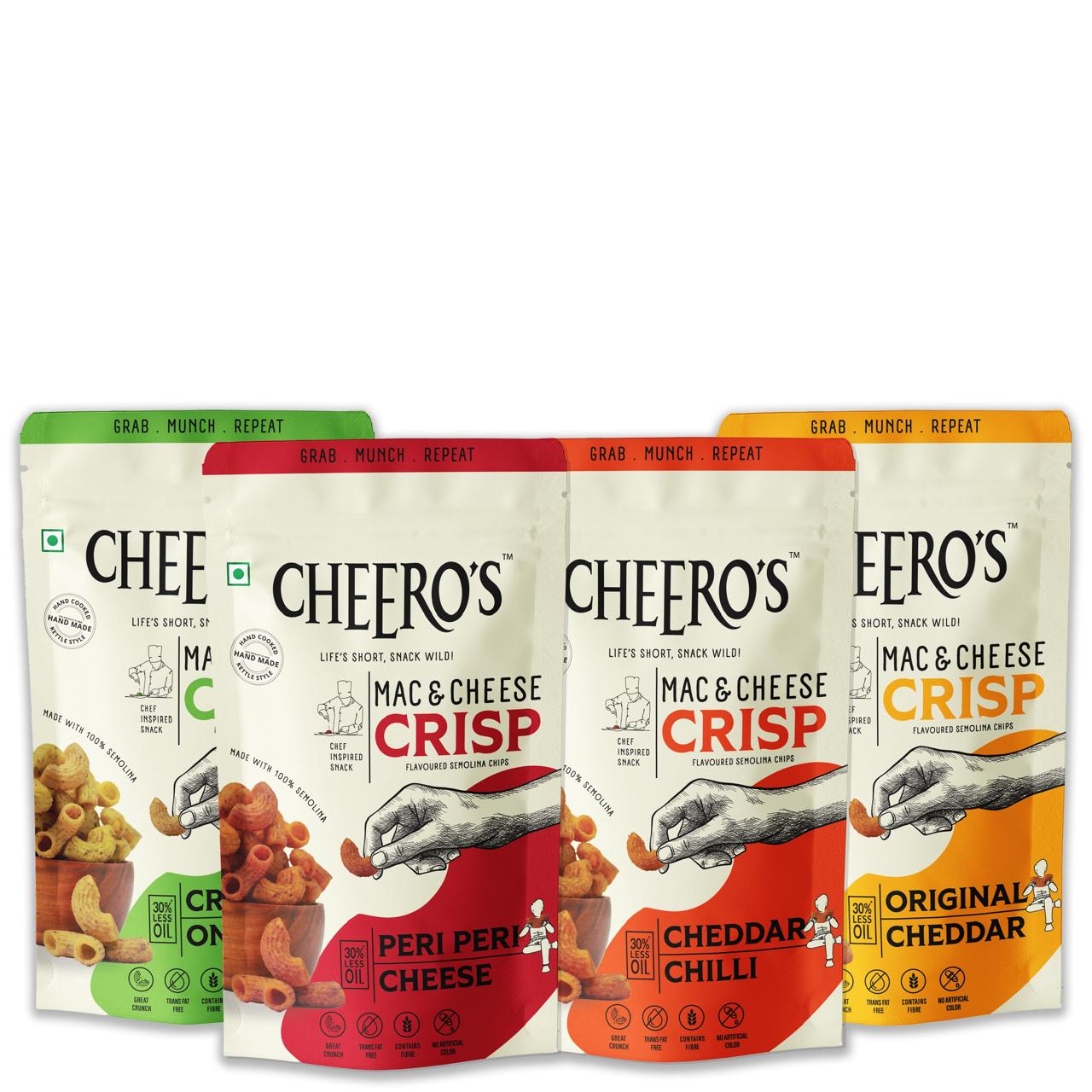 Cheero's Mac and Cheese Crisps | Cheddar Chilli, Cream and Onion, Original Cheddar, Peri Peri Cheese Chips Pack of 12 | 100% Semolina Munchies, High Protein Handmade Crunchy Snacks(3 Pc Each)