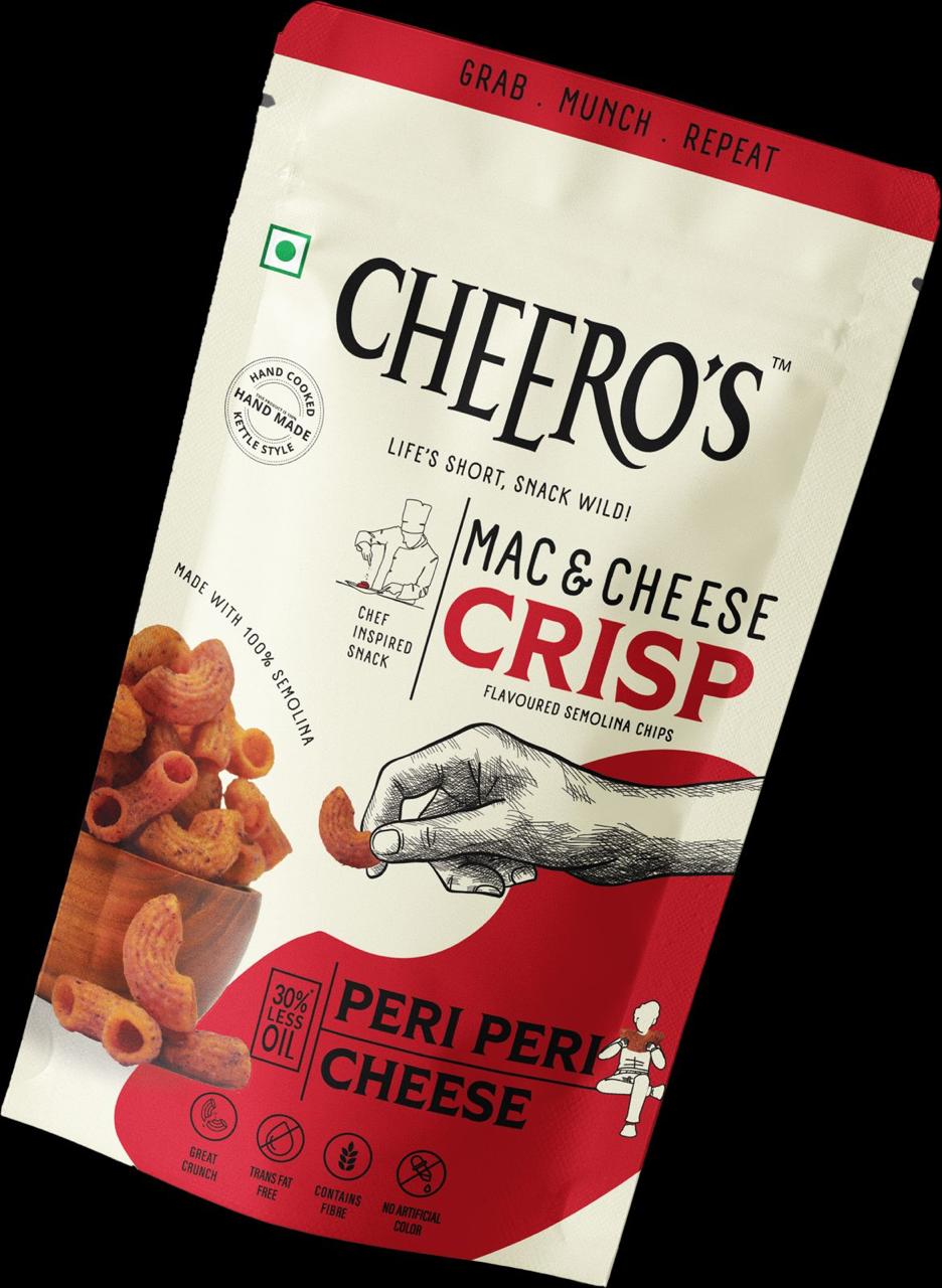 Cheero's Mac and Cheese Crisp | Peri Peri Cheese Chips Pack of 12 | 100% Semolina, High protein Handmade Crunchy Snack | 30% Less Oil with Zero Trans Fat Munchies for Kids, Adult and Family