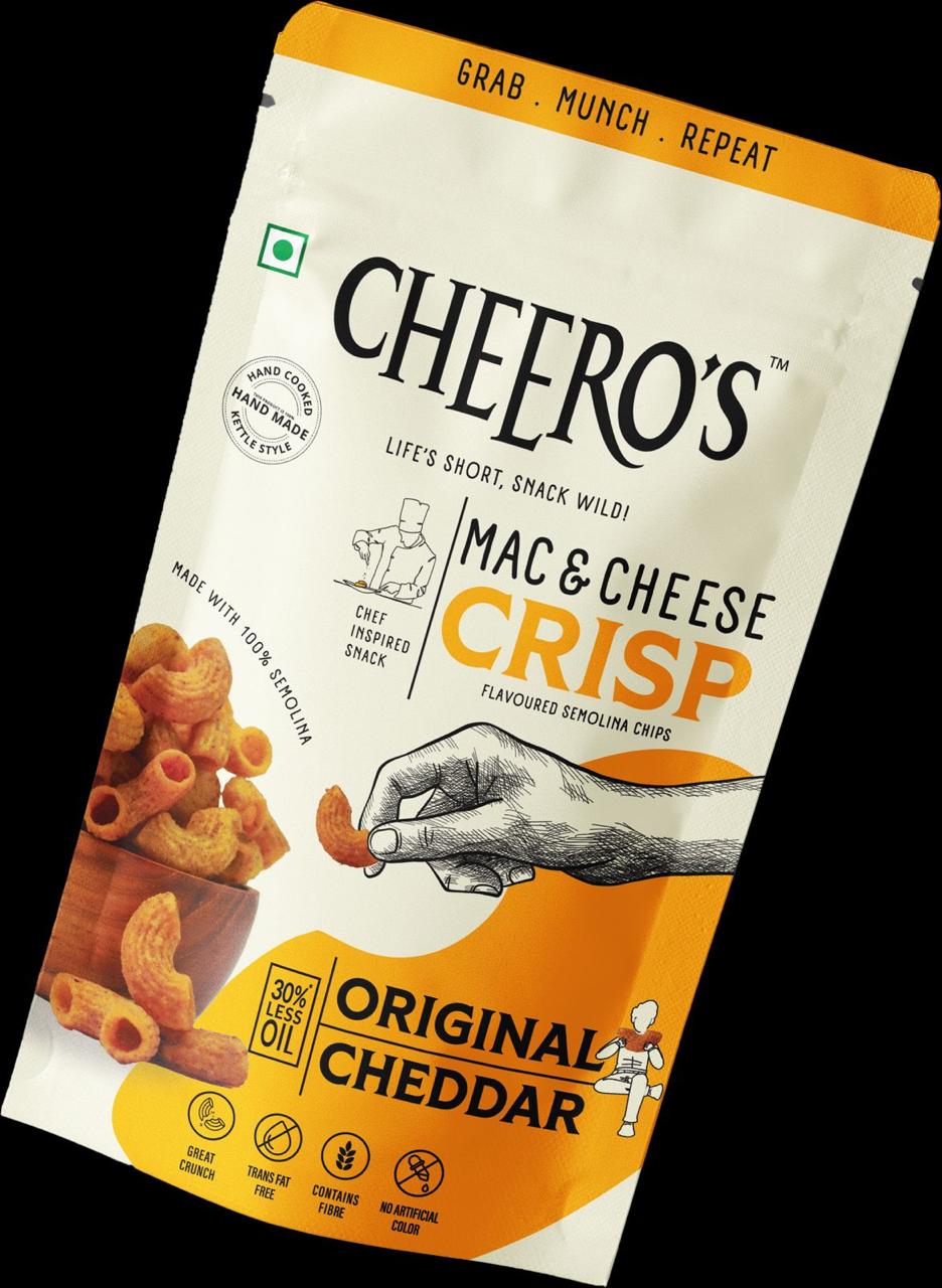 Cheero's Mac and Cheese Crisp | Original Cheddar Chips Pack of 4 | 100% Semolina, High protein Handmade Crunchy Snack | 30% Less Oil with Zero Trans Fat Munchies for Kids, Adults and Family