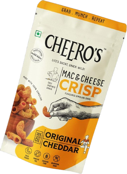 Cheero's Mac and Cheese Crisp | Original Cheddar Chips Pack of 4 | 100% Semolina, High protein Handmade Crunchy Snack | 30% Less Oil with Zero Trans Fat Munchies for Kids, Adults and Family