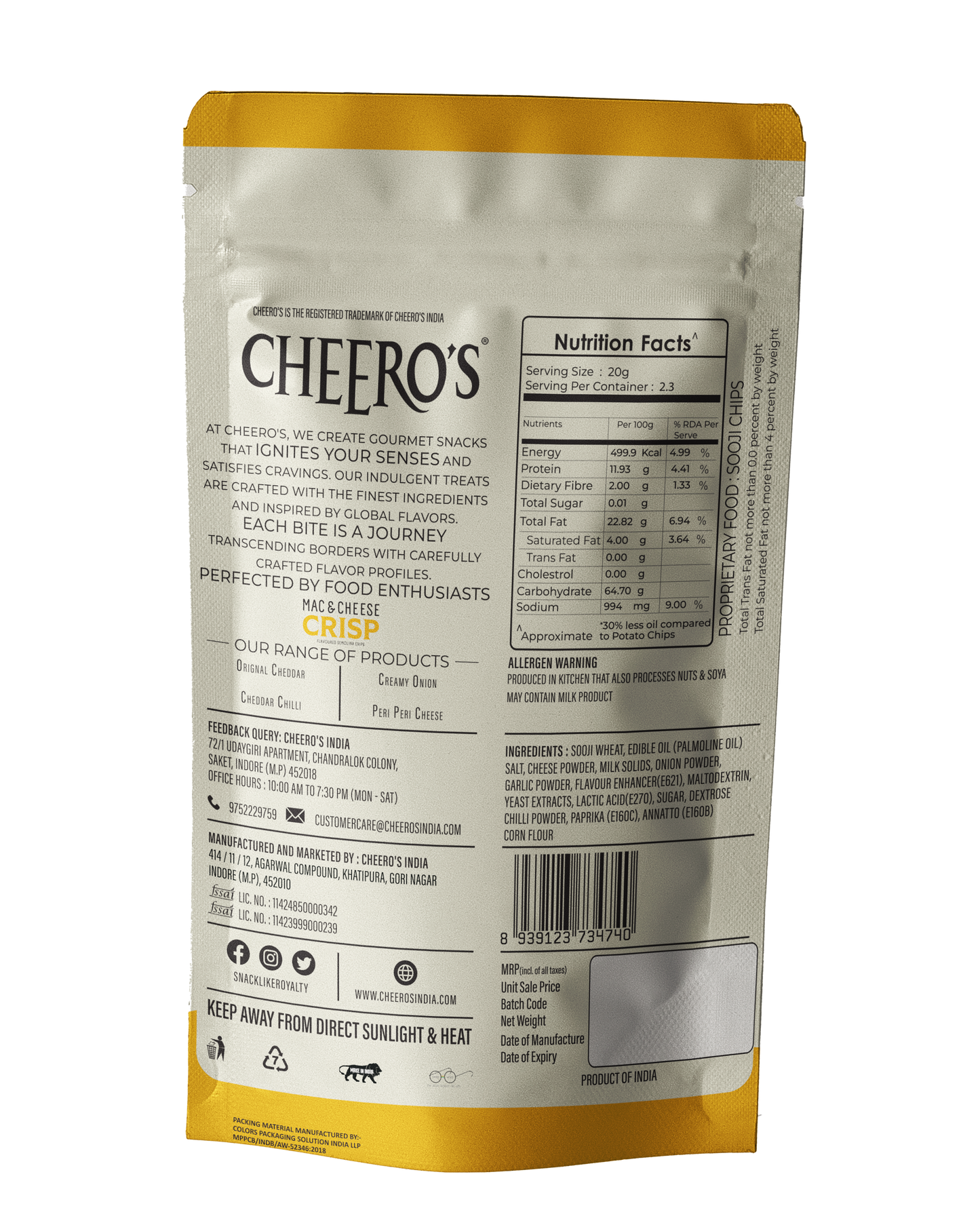 Cheero's Mac and Cheese Crisp | Original Cheddar Chips Pack of 16 | 100% Semolina, High protein Handmade Crunchy Snack | 30% Less Oil with Zero Trans Fat Munchies for Kids, Adult and Family