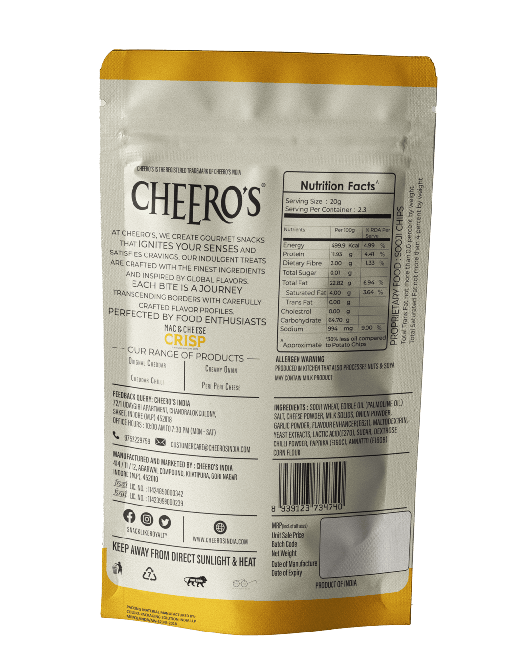 Cheero's Mac and Cheese Crisp | Original Cheddar Chips Pack of 4 | 100% Semolina, High protein Handmade Crunchy Snack | 30% Less Oil with Zero Trans Fat Munchies for Kids, Adults and Family