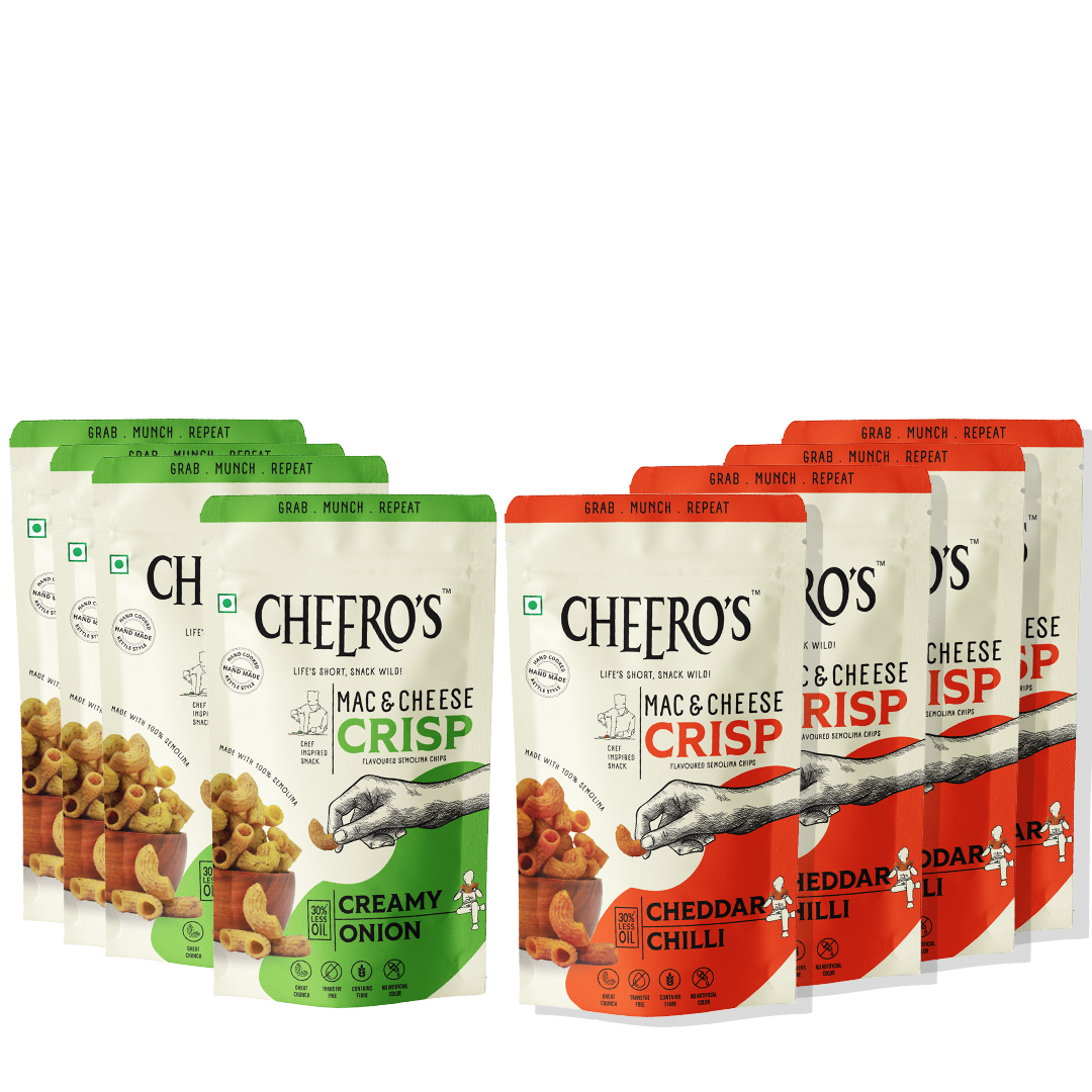 Cheero's Mac and Cheese Crisp | Cream and Onion Chips Pack of 8 | 100% Semolina, High protein Handmade Crunchy Snack | 30% Less Oil with Zero Trans Fat Munchies for Kids, Adults and Family