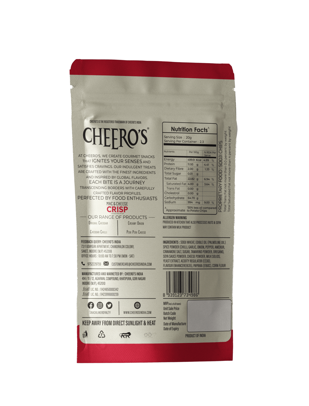 Cheero's Mac and Cheese Crisp | Peri Peri Cheese Chips Pack of 4 | 100% Semolina, High protein Handmade Crunchy Snack | 30% Less Oil with Zero Trans Fat Munchies for Kids, Adult and Family
