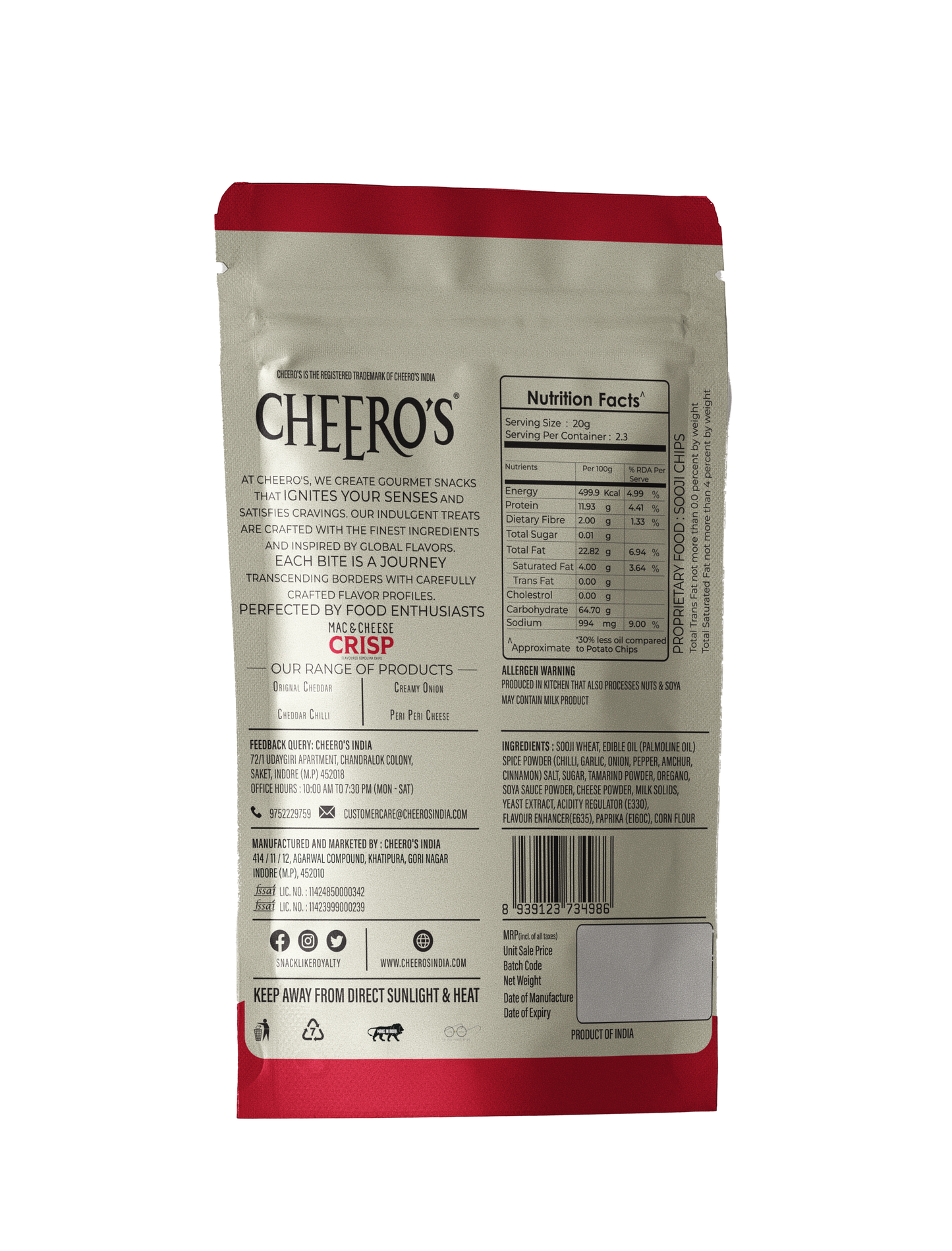 Cheero's Mac and Cheese Crisp | Peri Peri Cheese Chips Pc of 60 | 100% Semolina, High protein Handmade Crunchy Snack | 30% Less Oil with Zero Trans Fat Munchies for Kids, Adult and Family